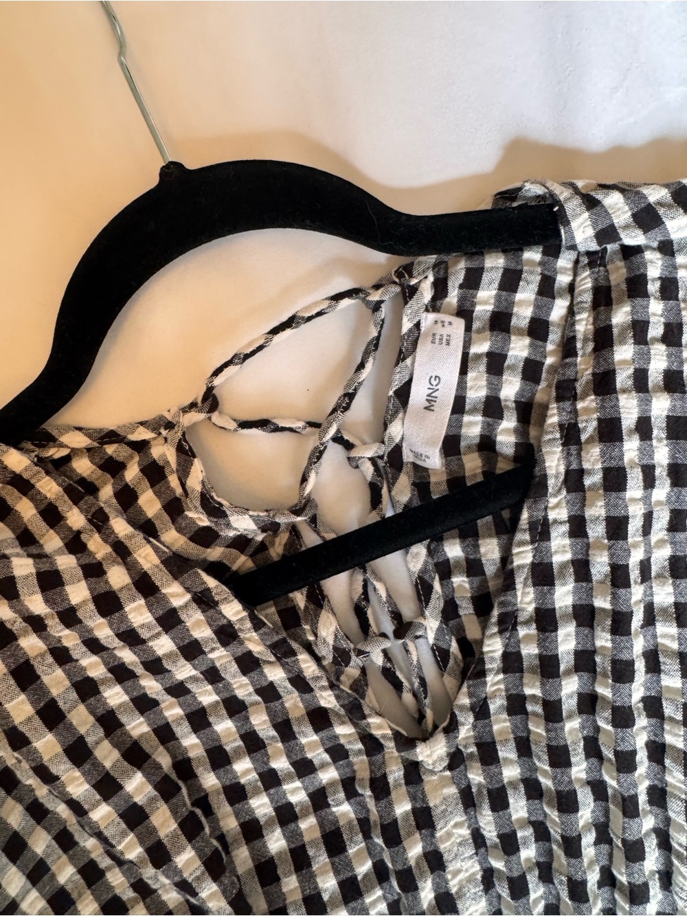 MANGO Black and White Gingham Midi Dress with Crisscross Neck - Picture 4 of 4